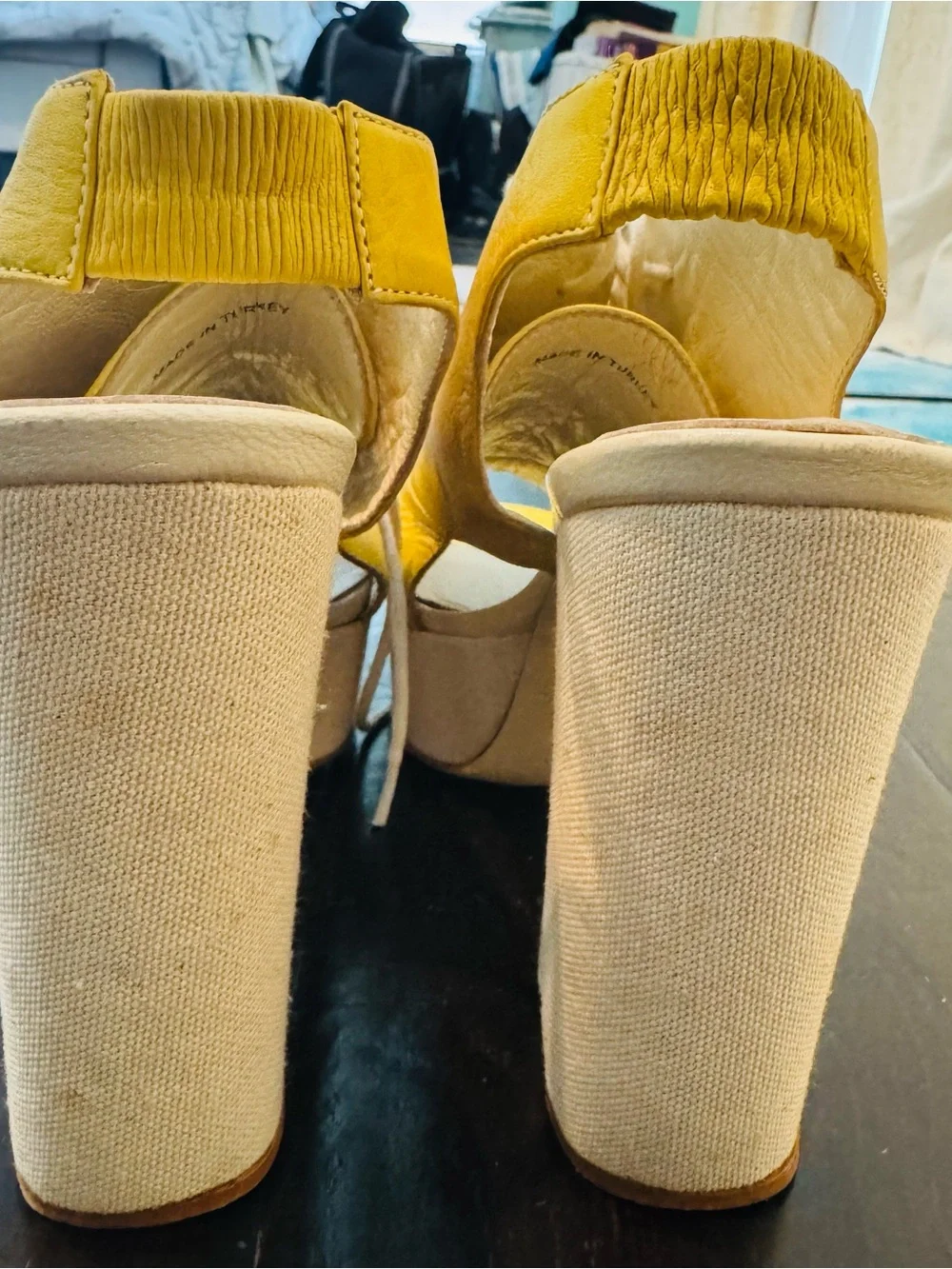 Anthropologie Yellow Leather Lace-Up Platform Heels with Cream Sole